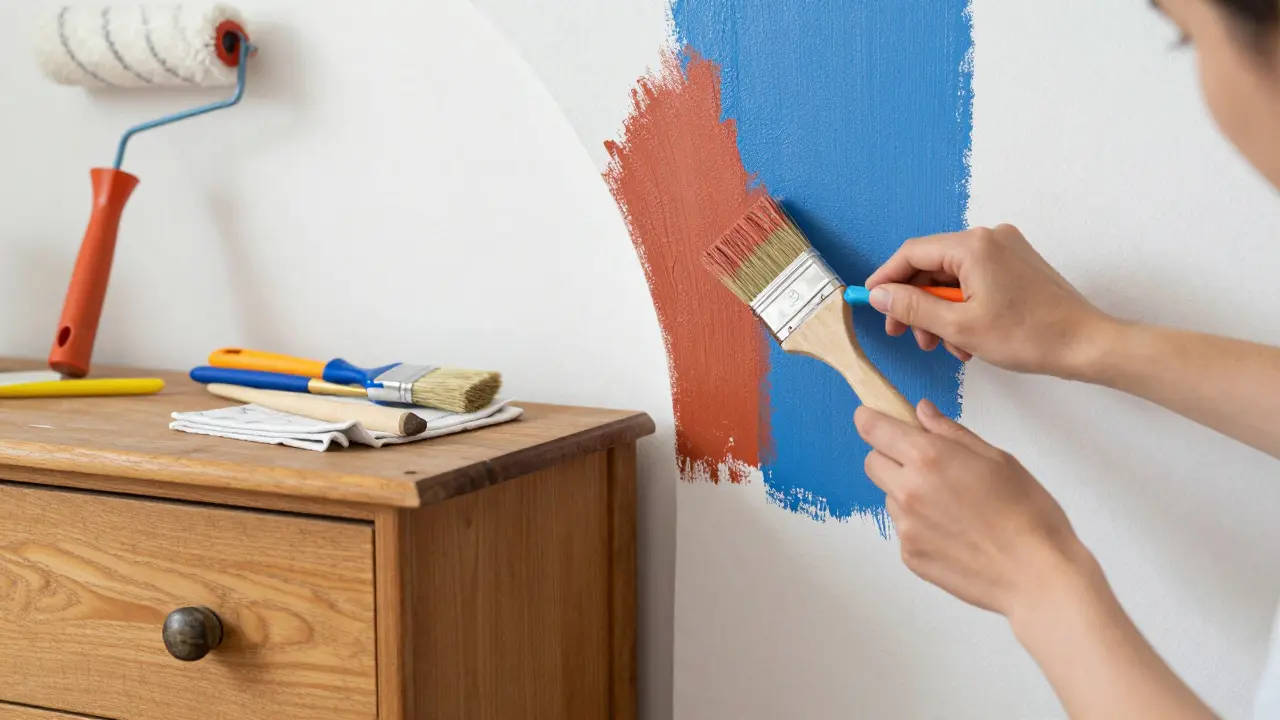 Mains peignant un mur d'accent et restaurant une commode vintage