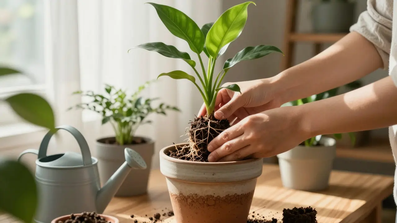 Mains rempotant une plante d'intérieur avec une couche de billes d'argile au fond du pot.