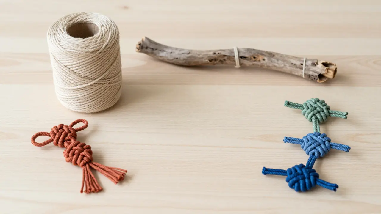 Matériaux de macramé : cordes colorées, baguette en bois flotté et outils sur table