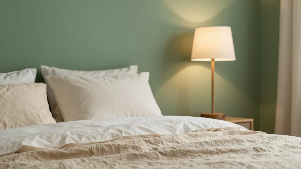 Muret vert sauge et literie beige pour un repos naturel