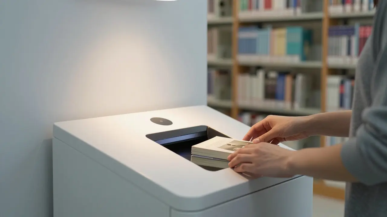 Personne utilisant un kiosque RFID pour retourner des livres