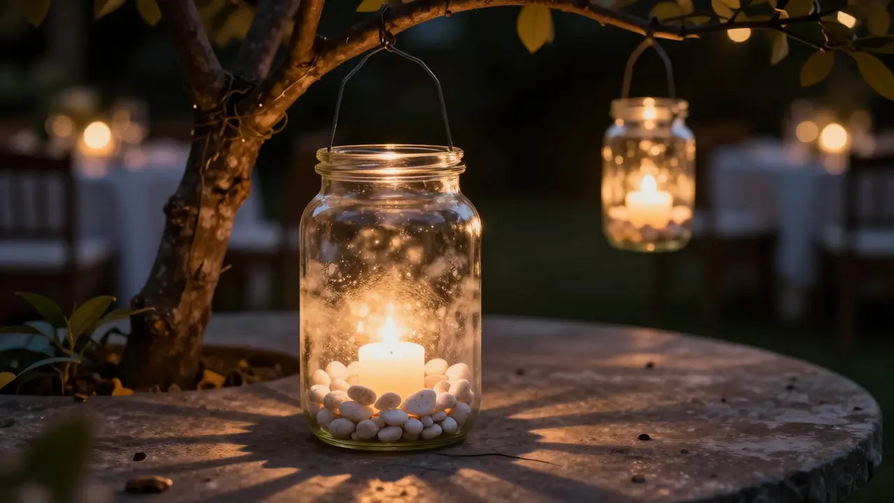 Photophores lumineux fabriqués à partir de bocaux en verre posés dans un jardin nocturne.