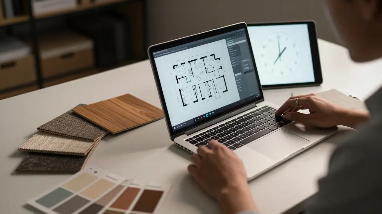 Plan de travail avec échantillons de matériaux et plans 3D sur écran