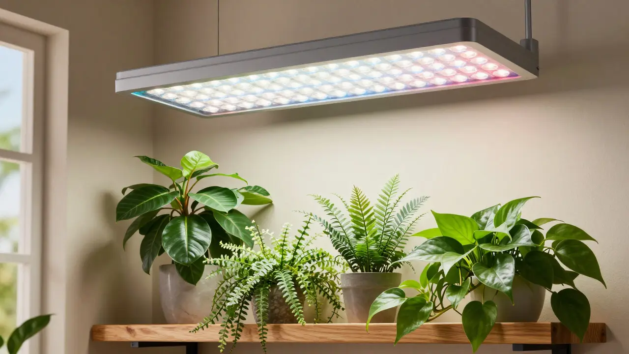 Plantes d'intérieur saines sous un éclairage LED horticole moderne