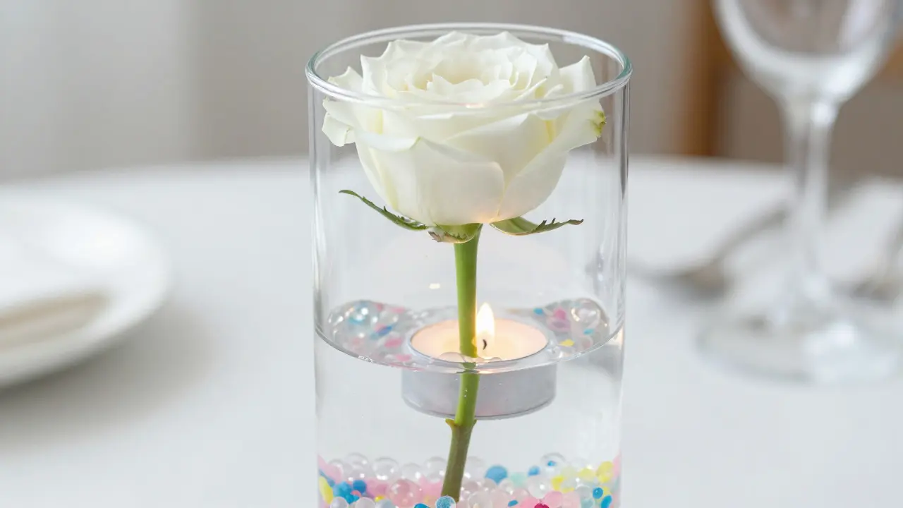 Rose flottante dans un vase en verre avec bougie LED