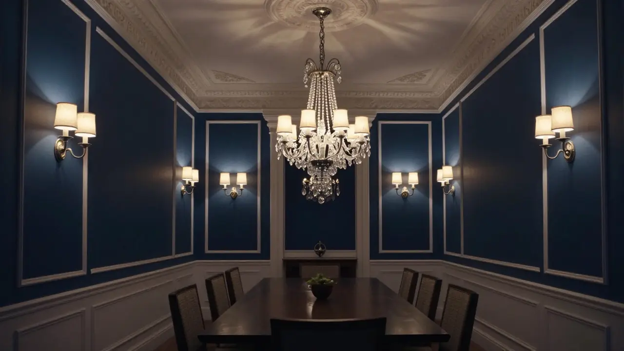 Salle à manger élégante éclairée par un lustre et appliques murales