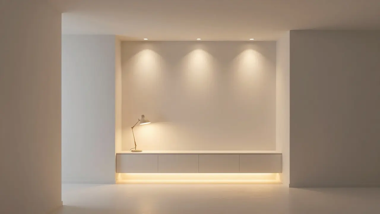 Salon compact agrandi par trois couches d'éclairage : ambiant, fonctionnel et d'accentuation.