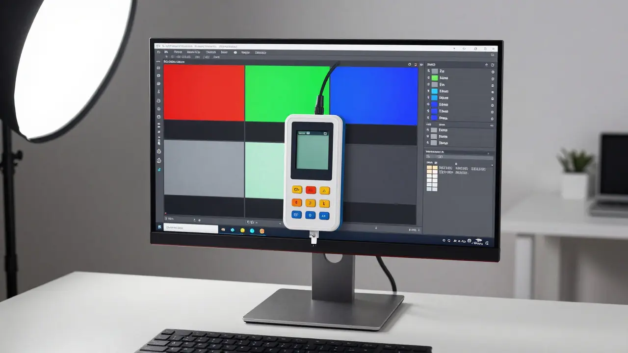 Sonde de calibrage fixée sur un moniteur affichant des échantillons de couleur
