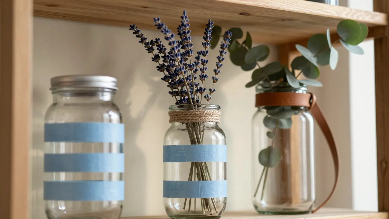 Vases décoratifs faits à partir de bocaux peints et suspendus avec des fleurs séchées.