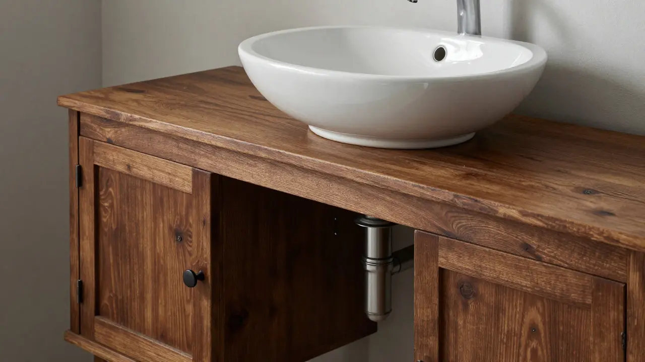 Ancien buffet réaménagé en meuble vasque de salle de bain avec robinetterie moderne
