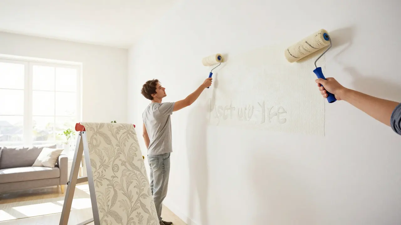 Application de colle sur le mur pour poser du papier intissé