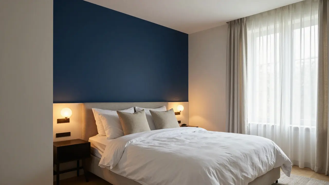 Chambre parentale avec mur bleu nuit enveloppant et rideaux légers filtrants
