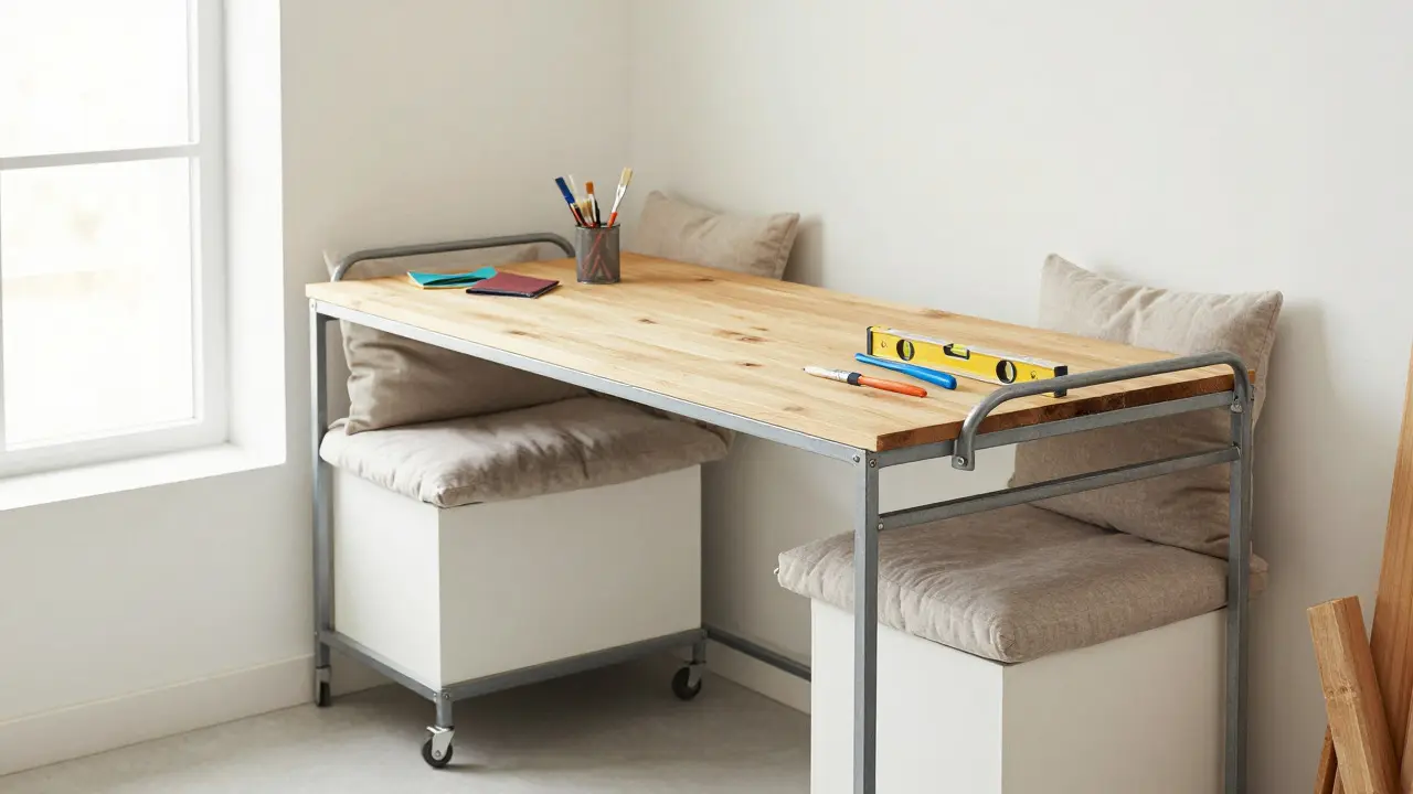 Chariot industriel converti en bureau et coin lecture modulable dans un studio