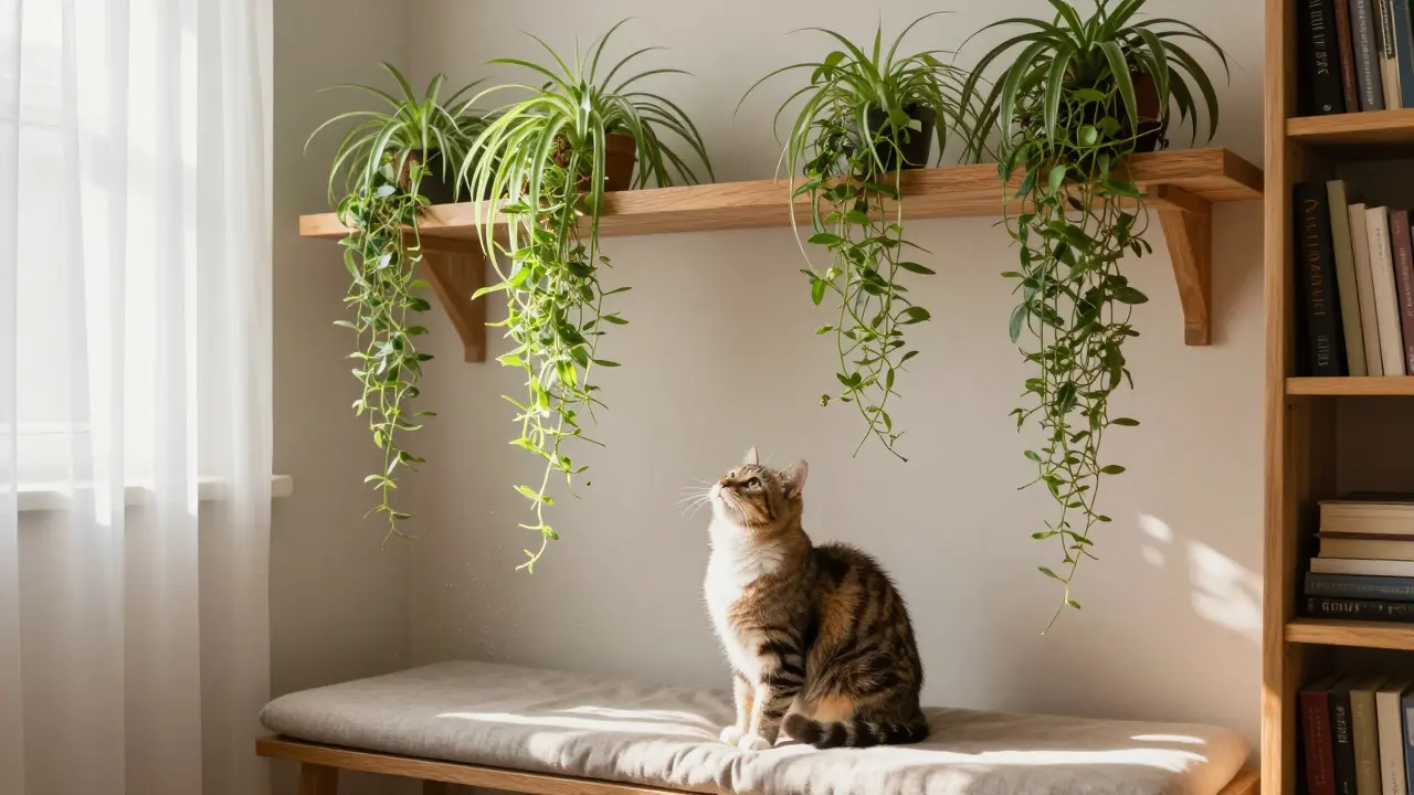 Chat regardant des plantes araignée suspendues à une étagère haute en chêne