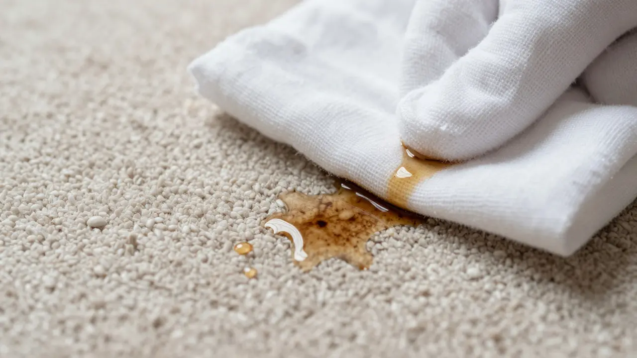 Chiffon blanc tamponnant une tache de café sur un tapis beige