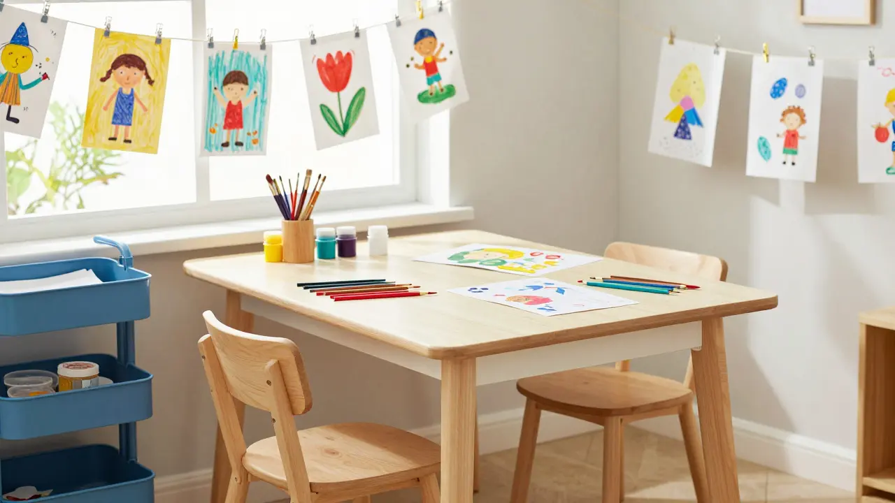 Coin créatif lumineux près d'une fenêtre avec table et fournitures artistiques