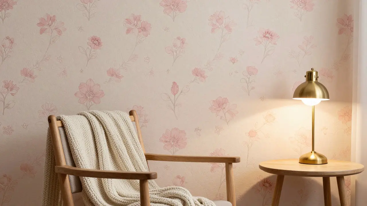 Coin lecture cosy avec papier peint floral style Liberty et éclairage doux