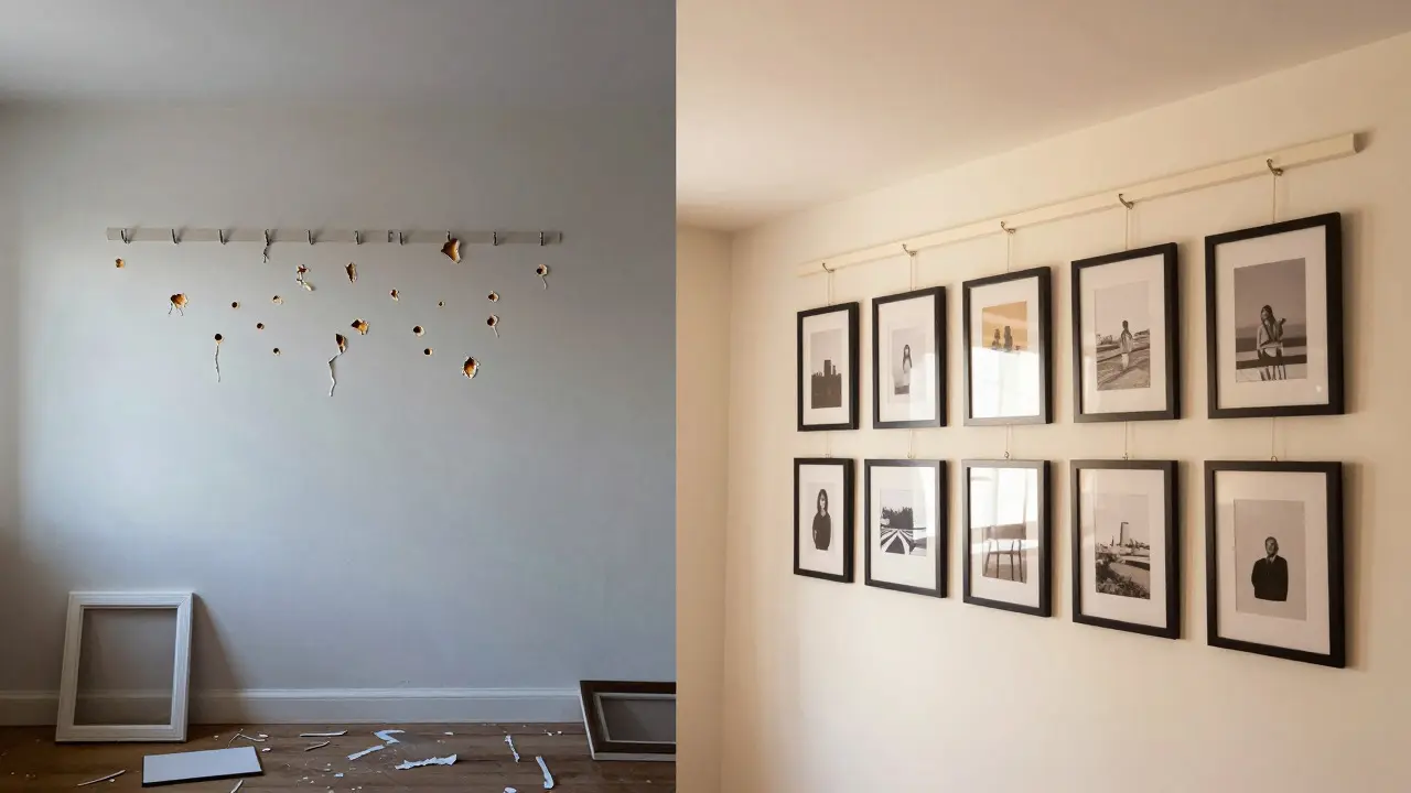 Comparaison visuelle : mur abîmé par des clous vs mur propre avec rail de cimaise