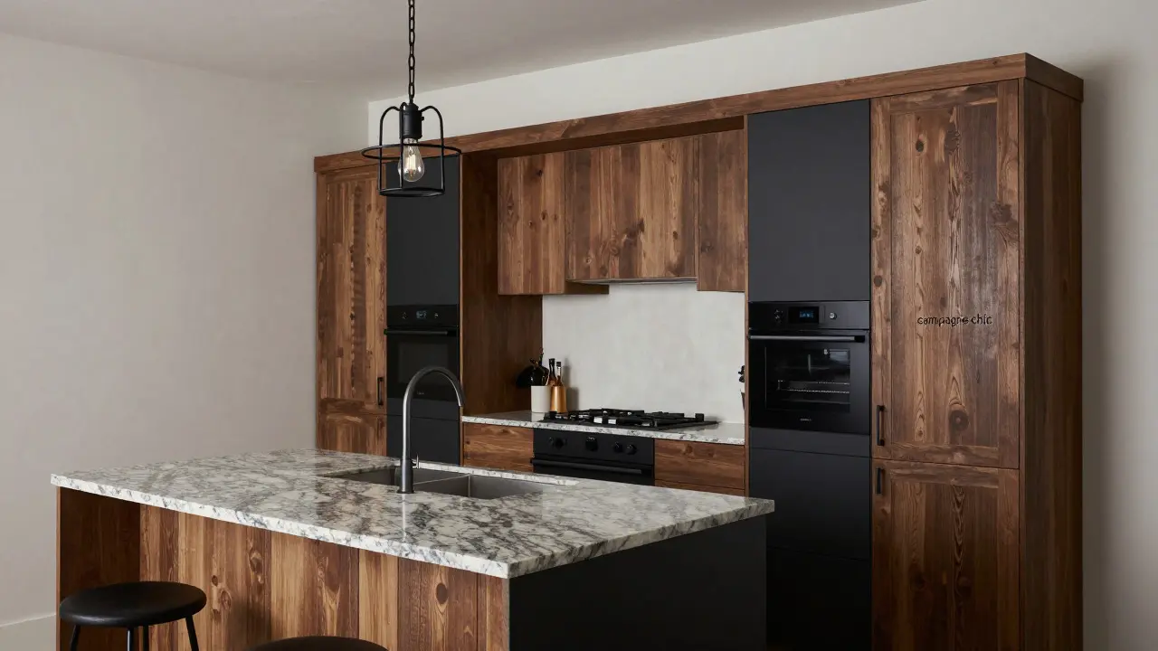 Cuisine campagne chic alliant meubles en pin vieilli et appareils électroménagers noirs intégrés