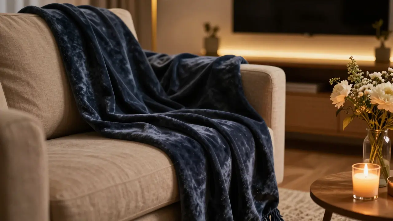 Détail cosy avec éclairage doux, textiles moelleux et bougie