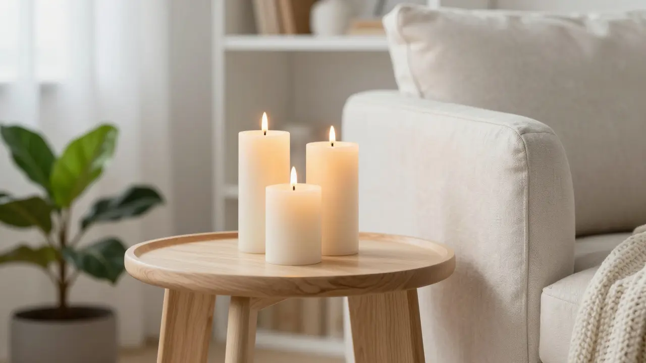 Détail de bougies et textures naturelles sur table en bois