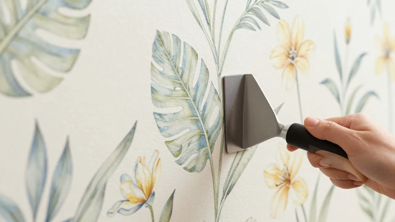 Détail de la pose d'un papier peint botanique sur un mur blanc