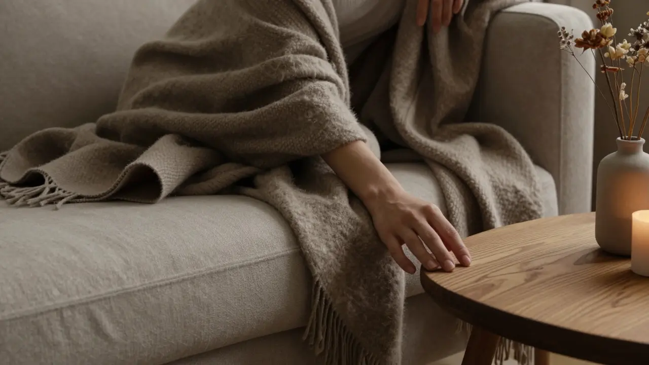 Détail de textiles superposés sur un canapé et table en bois aux bords arrondis