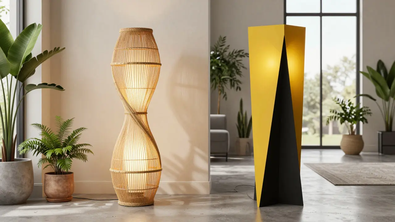 Deux styles de lampadaires : rotin naturel et design géométrique audacieux