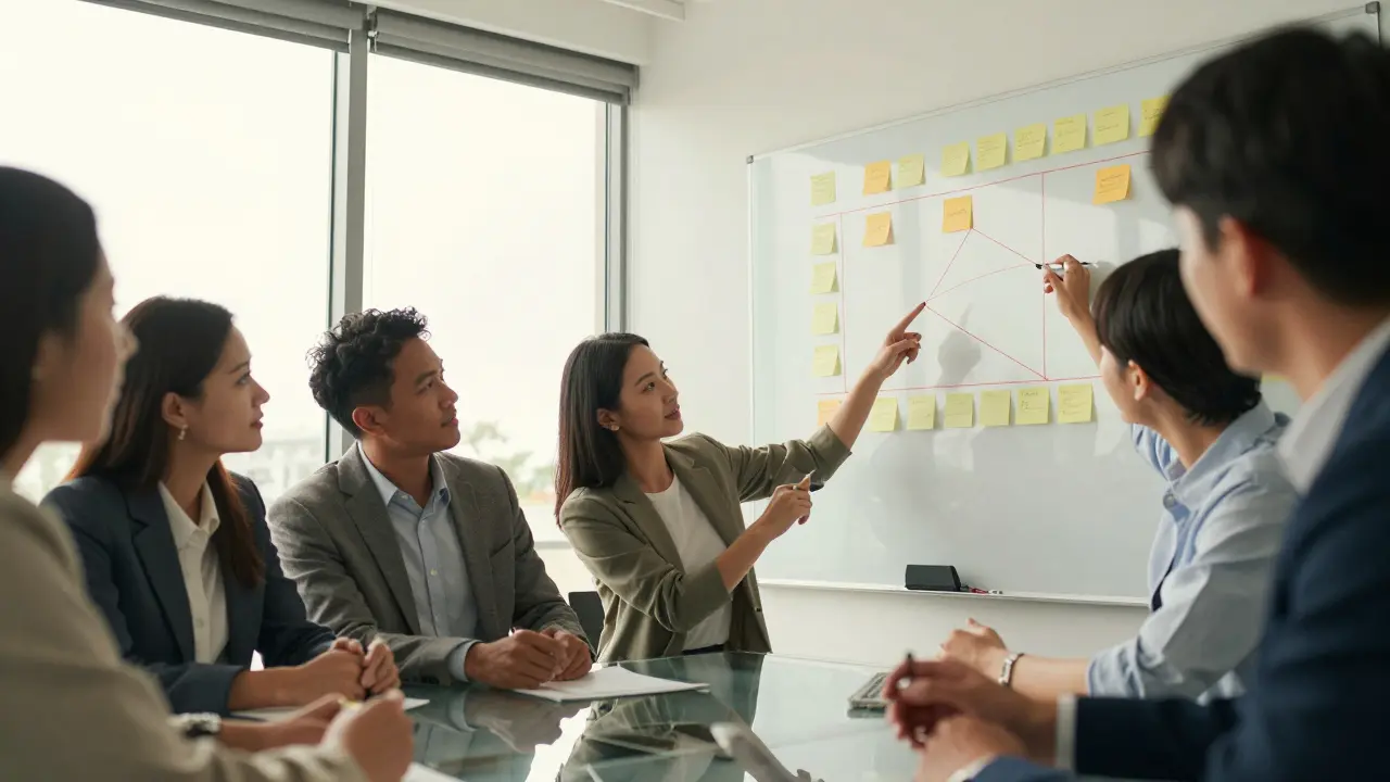 Équipe collaborative pointant des post-it et des liens de dépendances sur un tableau blanc en réunion.