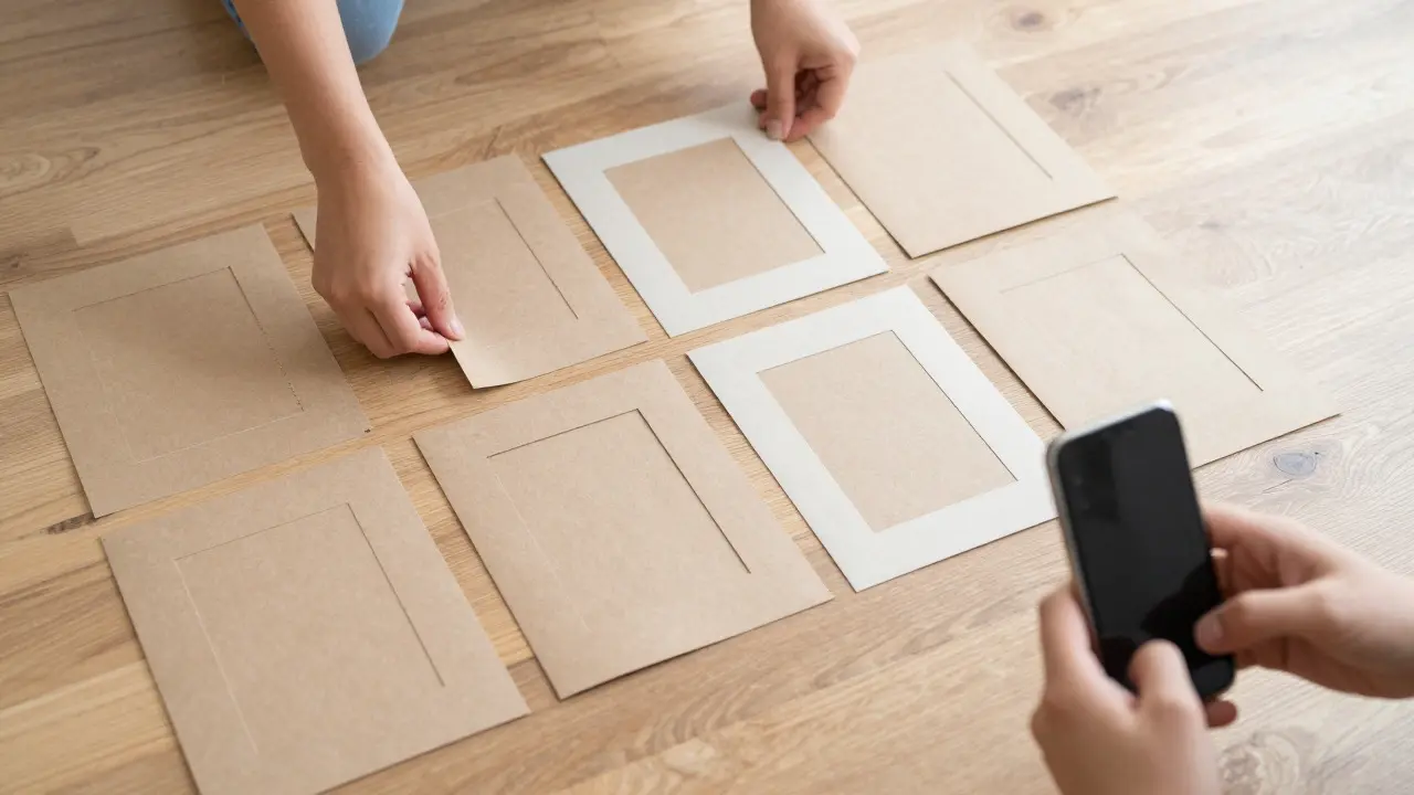 Gabarits en papier disposés au sol pour planifier une galerie murale