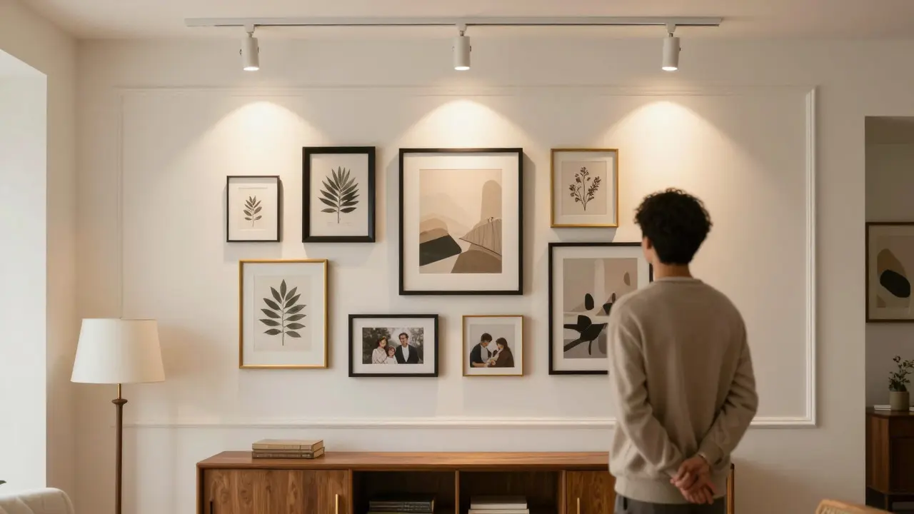 Galerie murale terminée éclairée par des spots dans un salon chaleureux