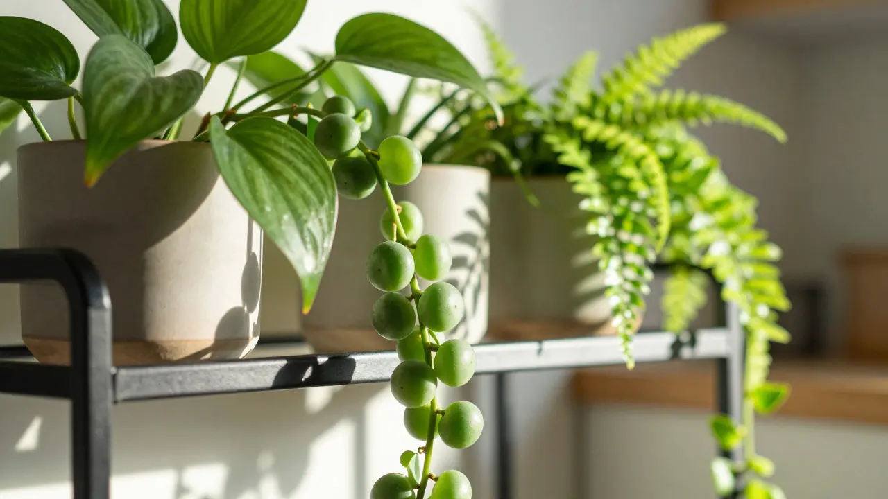 Gros plan sur plantes grimpantes variées sur une étagère métallique ensoleillée