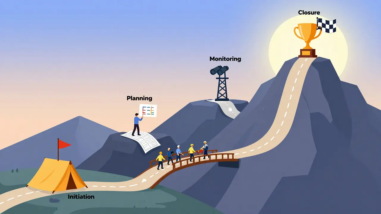 Illustration conceptuelle d'un sentier montagneux symbolisant les cinq phases du cycle de vie d'un projet.