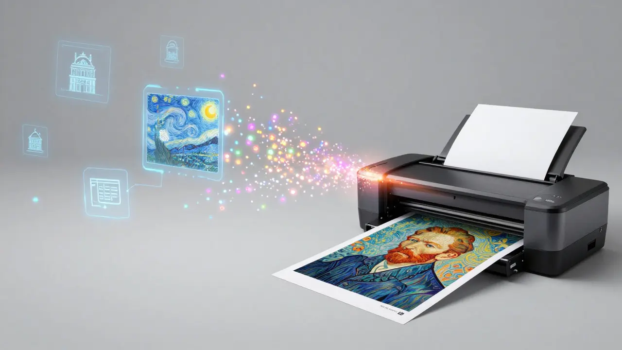 Illustration conceptuelle de la transformation d'images digitales en affiches physiques