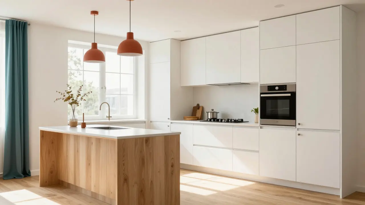 Intérieur cuisine minimaliste respectant la règle des couleurs 60-30-10