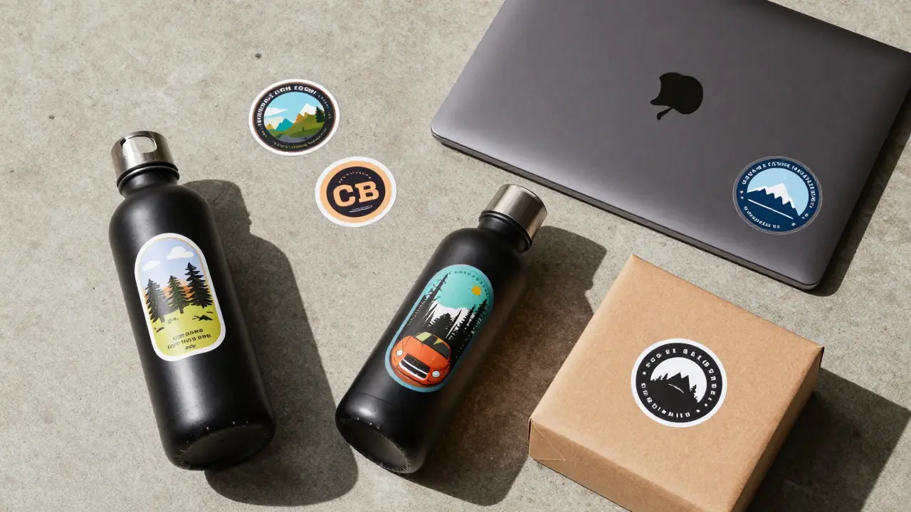 Laptop, gourde et boîte décorés avec des stickers personnalisés