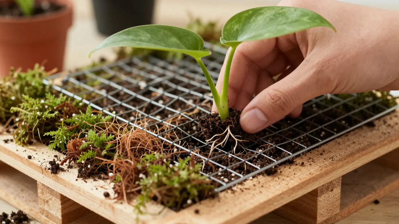Mains plantant des plantes dans une grille métallique sur une palette horizontale
