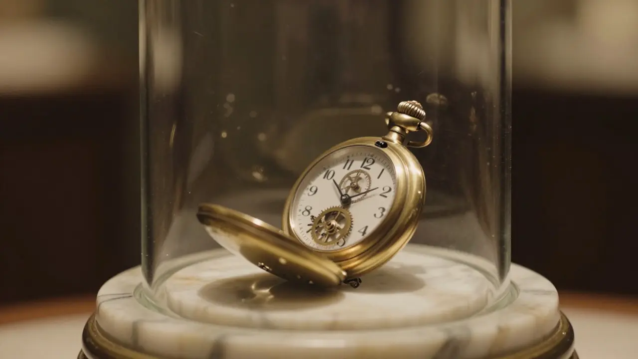 Montre ancienne protégée sous cloche en verre et marbre