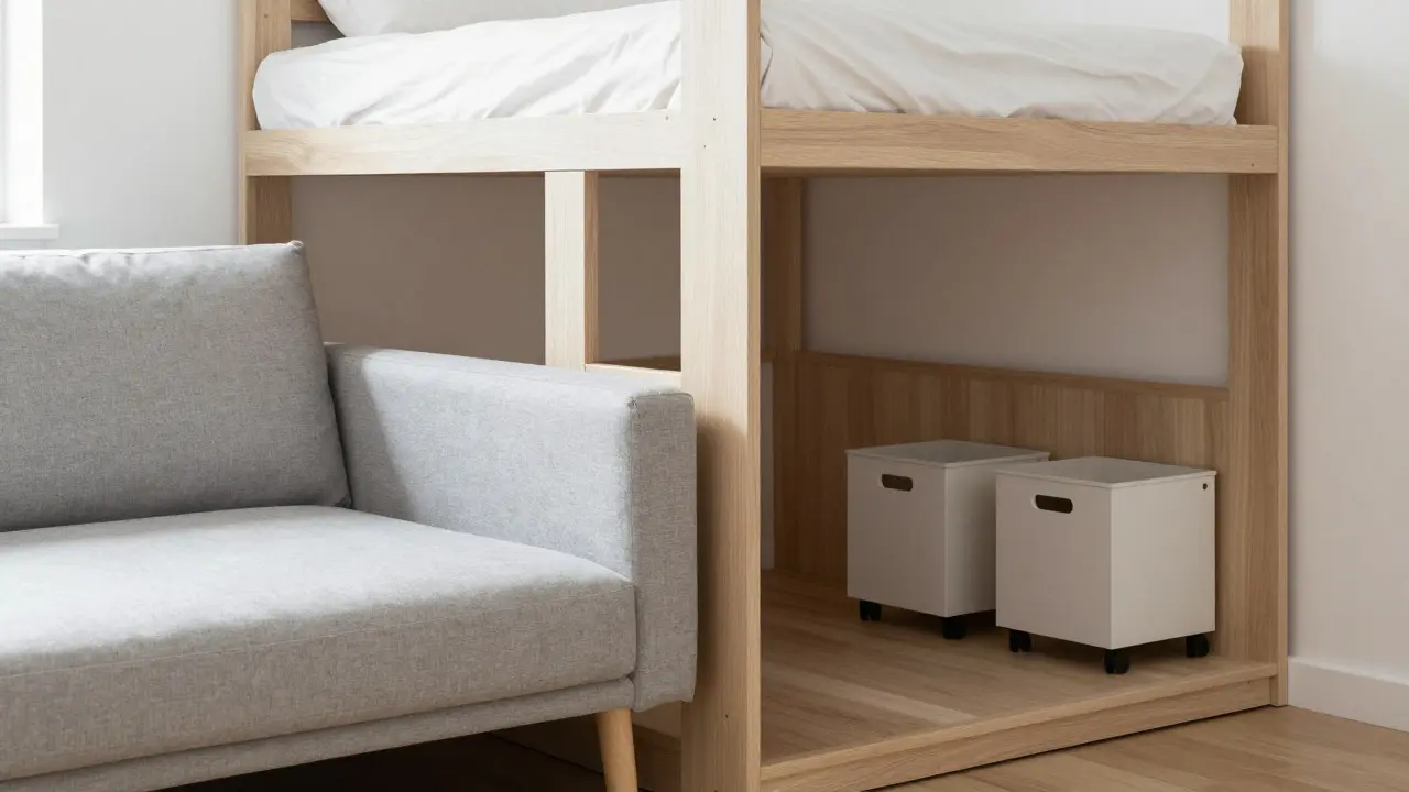 Multifunctional furniture in compact studio: convertible sofa-bed, slim shelf divider, and under-bed storage.