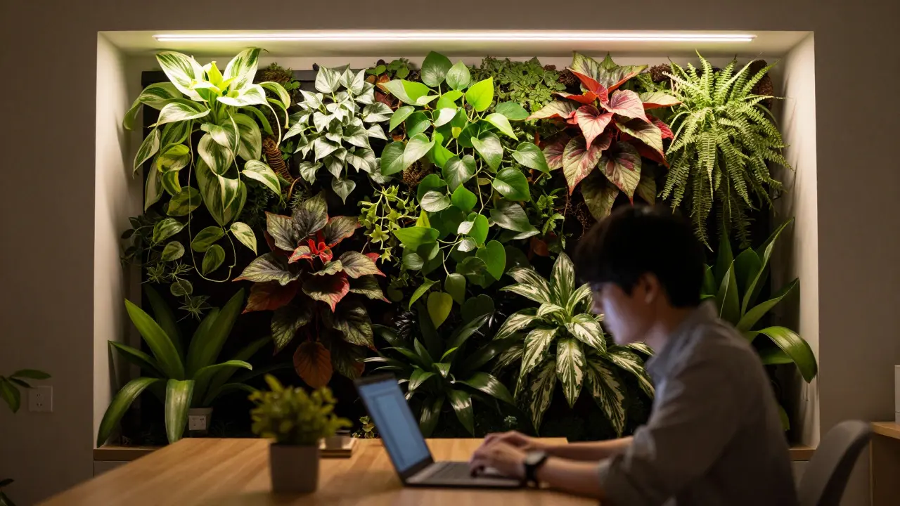 Mur végétal intérieur éclairé par LED dans un coin bureau moderne et apaisant