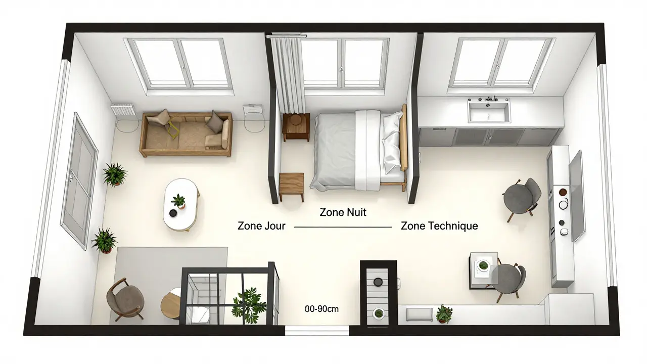 Overhead floor plan of a logically zoned studio showing day, night, and technical zones with wide pathways.