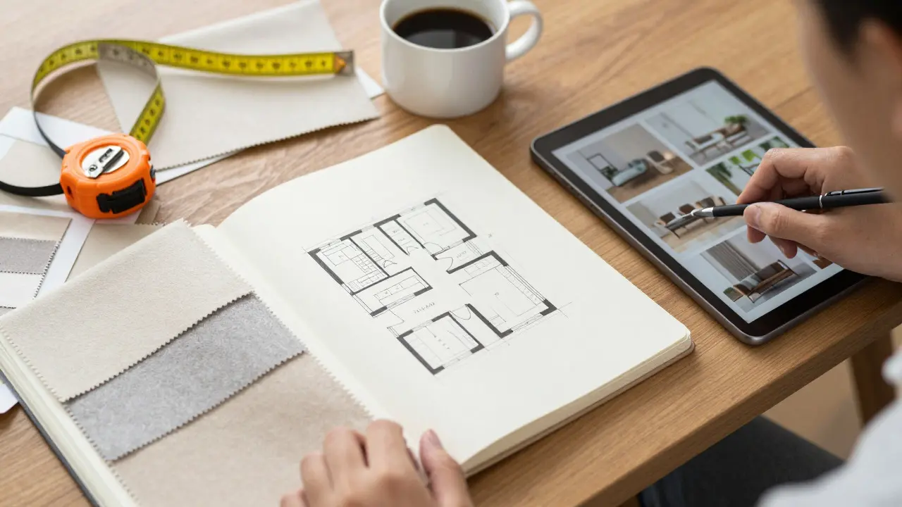 Plan de travail avec croquis, ruban à mesurer et échantillons de tissus pour la déco