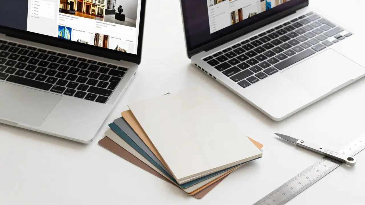 Plan de travail créatif avec papier d'art épais, règle et fichiers numériques sur écran