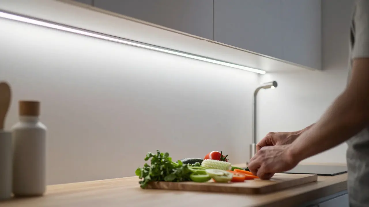 Plan de travail de cuisine éclairé par des bandes LED fonctionnelles