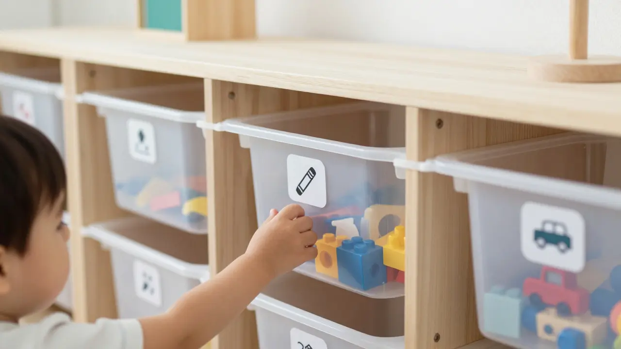 Rangements bas et transparents avec étiquettes visuelles pour faciliter l'autonomie de l'enfant
