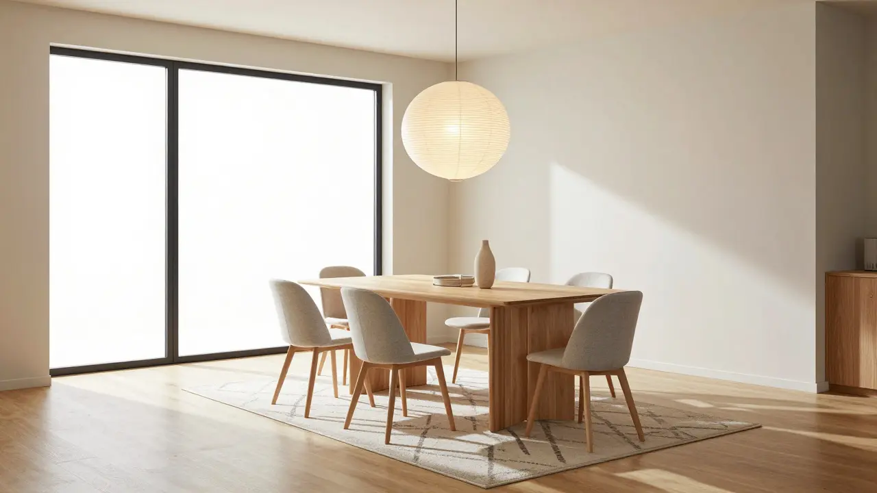 Salle à manger minimaliste avec table en hêtre et lumière douce