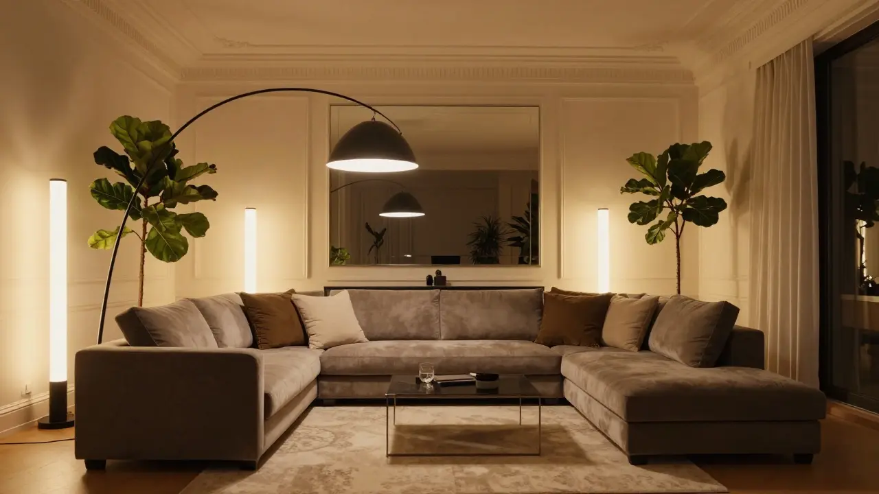 Salon élégant avec éclairage en couches et lampadaire arc au-dessus du canapé