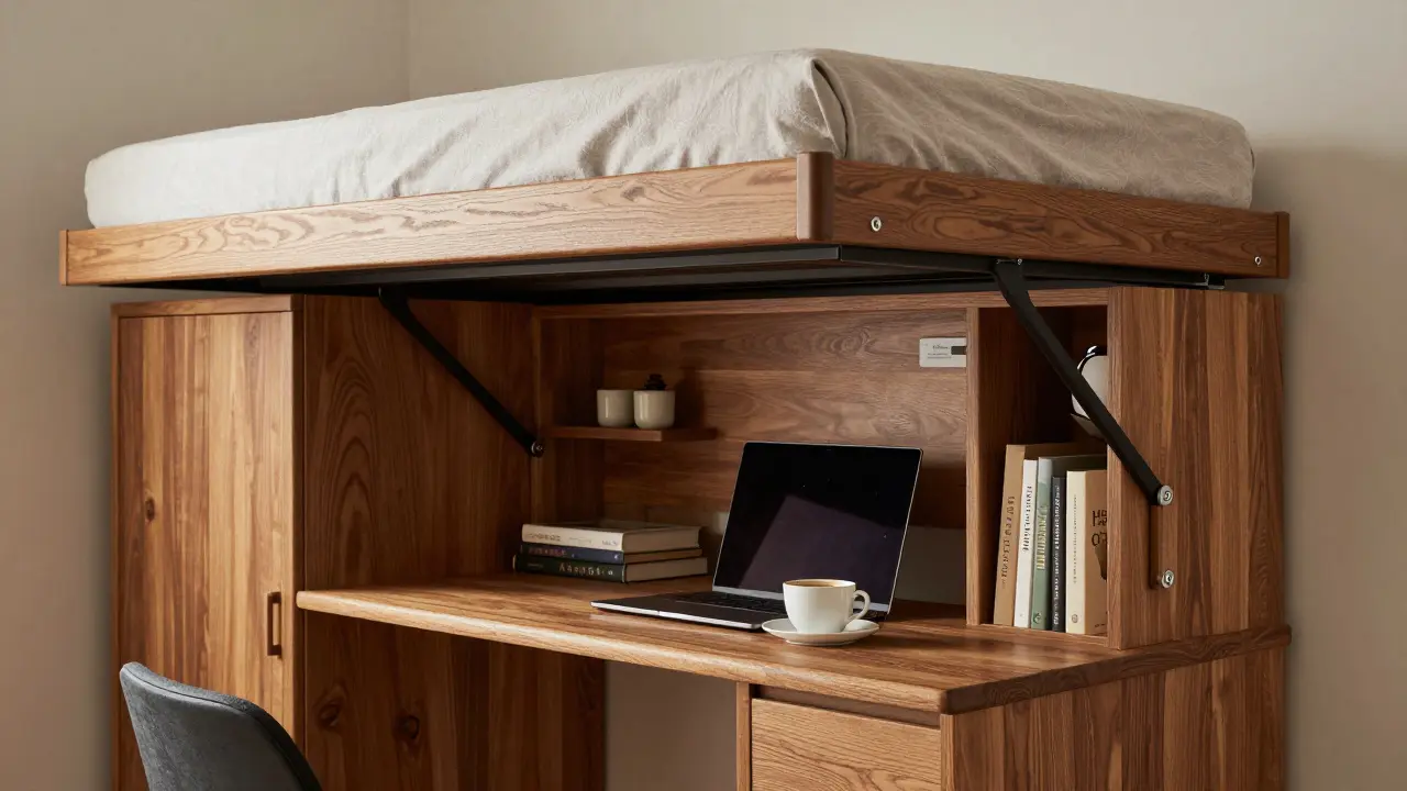 Unité murale multifonction avec bureau intégré sous le lit relevé