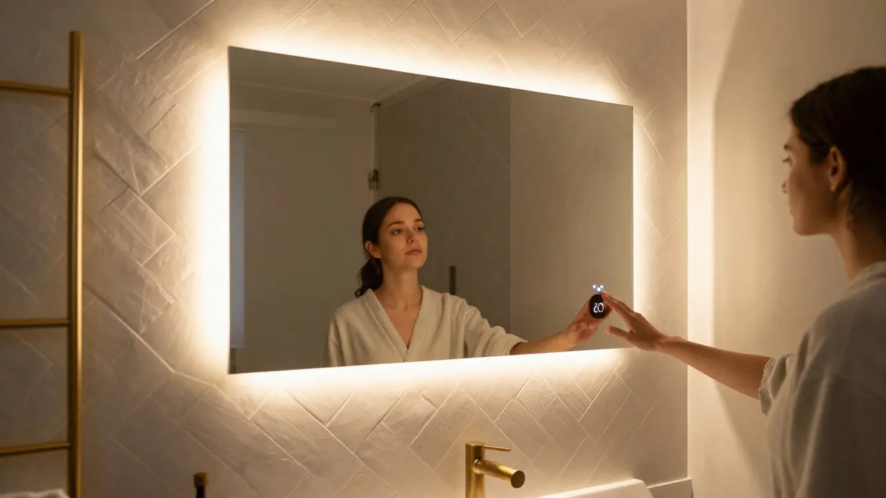 Utilisateur réglant la lumière d'un miroir connecté par commande tactile