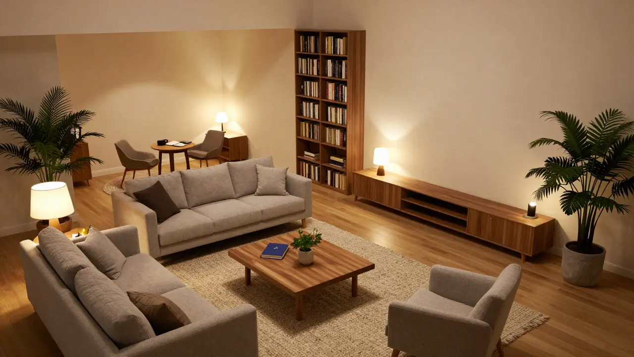 Vue aérienne d'un salon zoné avec coin lecture et espace détente